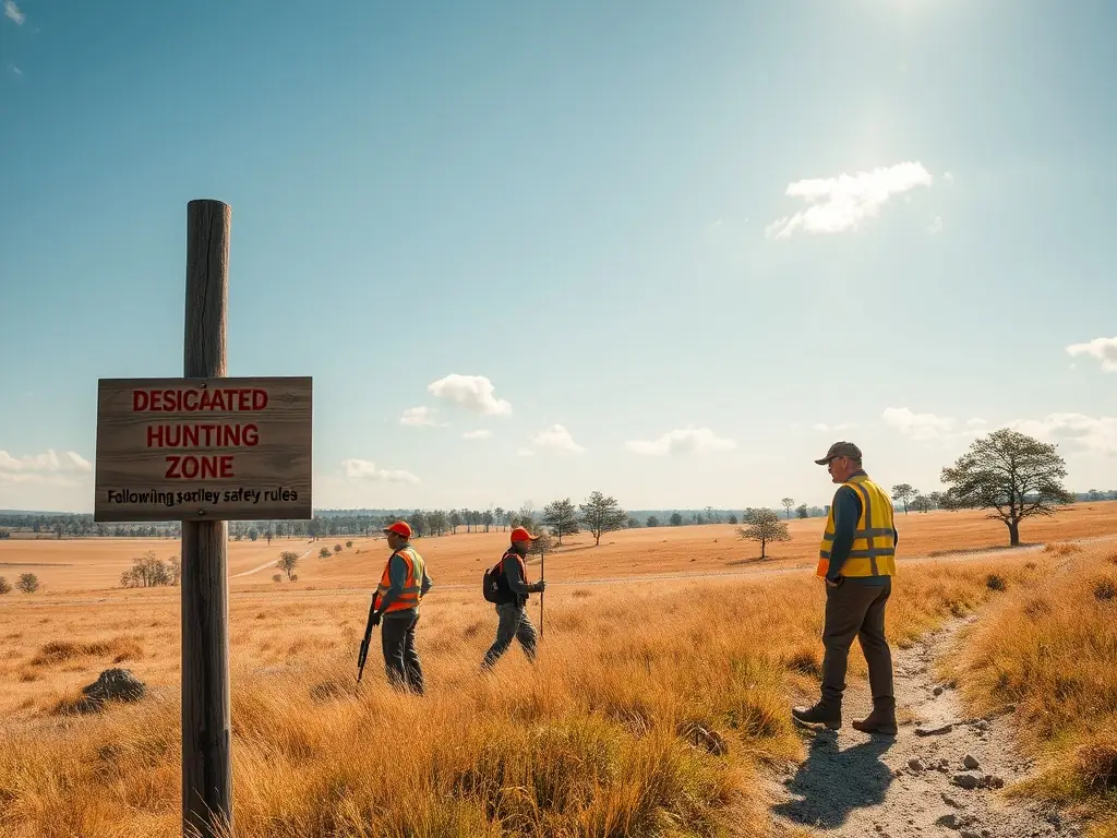 An image of a well-organized hunting area with clear signage, hunters following safety protocols, and wildlife habitats in the background.