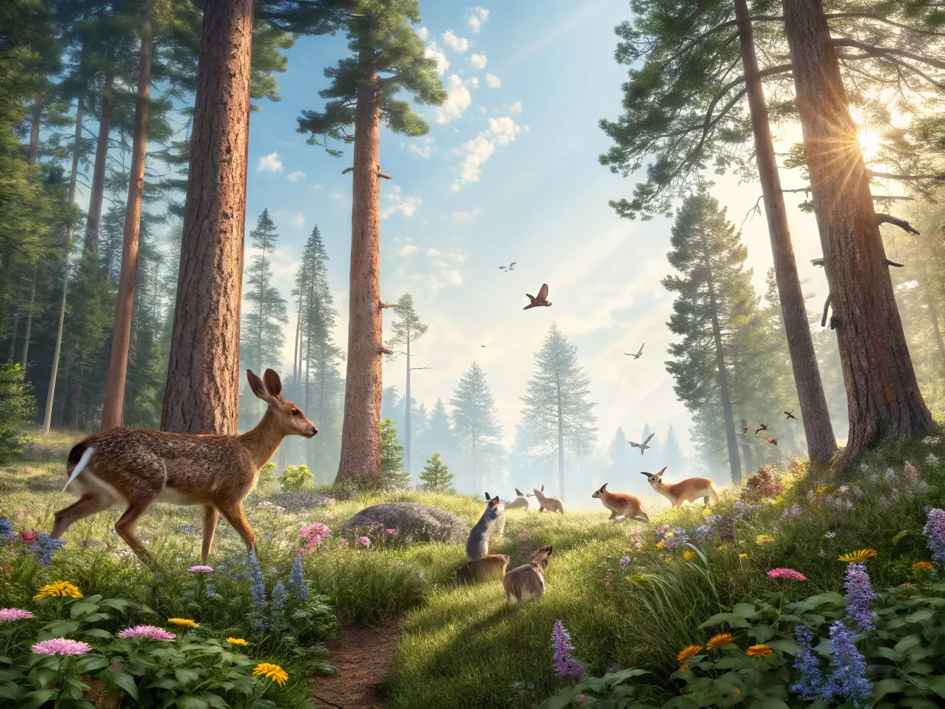 A vibrant image of diverse wildlife thriving in a restored natural habitat, with researchers observing and recording data.